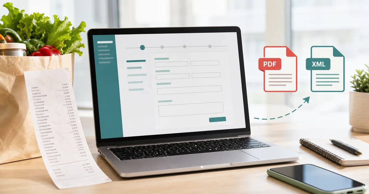 Ticket, laptop y documentos PDF/XML para preparar una factura Chedraui
