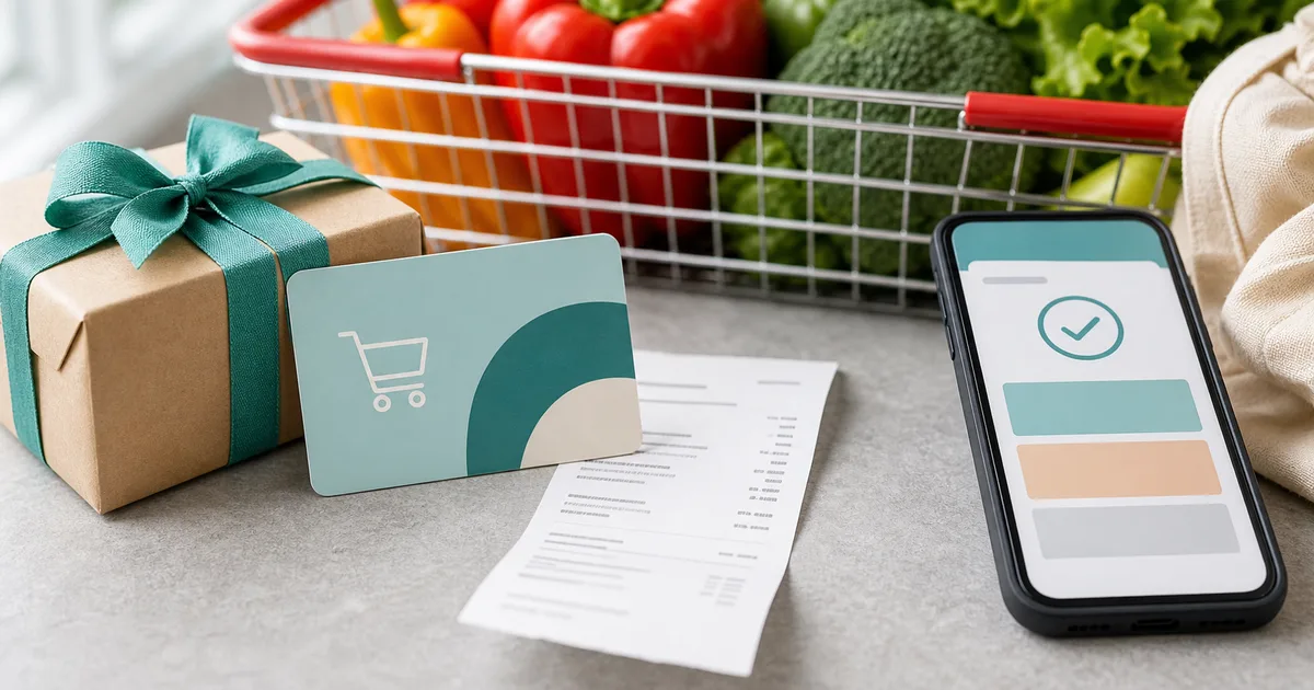 Tarjeta de regalo, ticket y cesta de supermercado para revisar saldo y uso